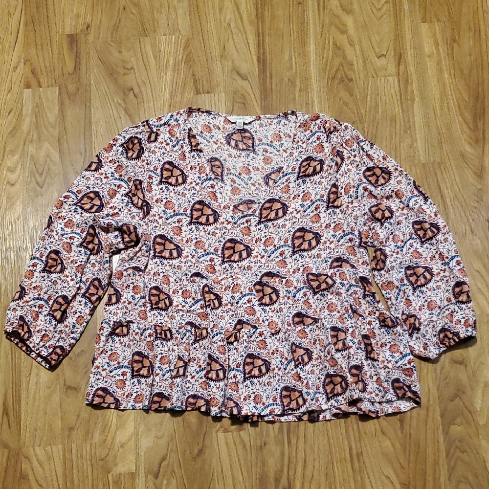 Lucky Brand Peplum Floral 3/4 Sleeve Top Shirt Flowy Boho Womens Size M